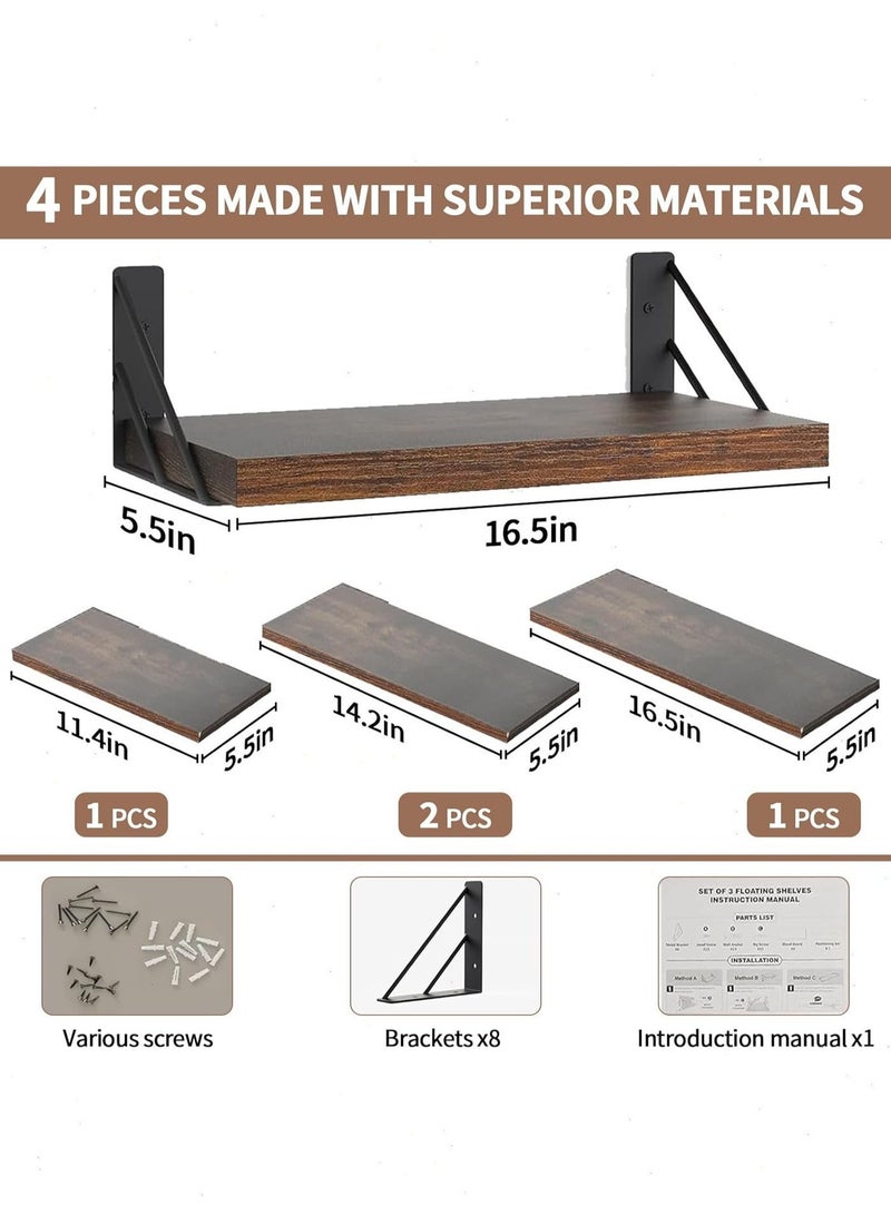 يواوليتي ارفف جدارية,ارفف خشب، 4 رفوف جداريه من الخشب، رف تخزين ريفي مثبت على الحائط للكتب والديكور، عرض ومنظم صغير موفر للمساحة (بني) - Image 4
